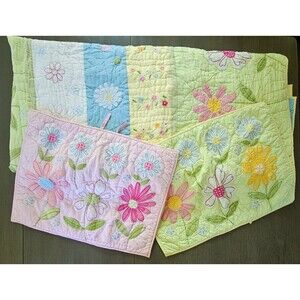 Vtg Pottery Barn Kids Discontinued Green Daisy Garden Full Quilt And 2 Sham Set